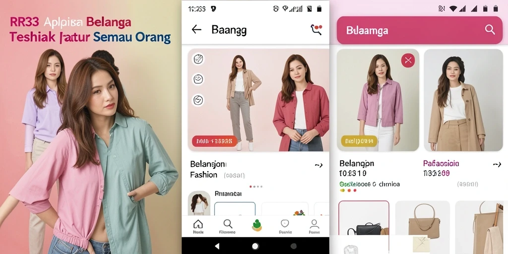 Antarmuka aplikasi RR33 yang menawan untuk belanja fashion.